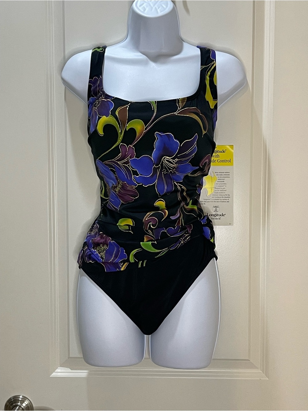Longitude Black One-Piece Swimsuit with Purple & Green Floral Print 14